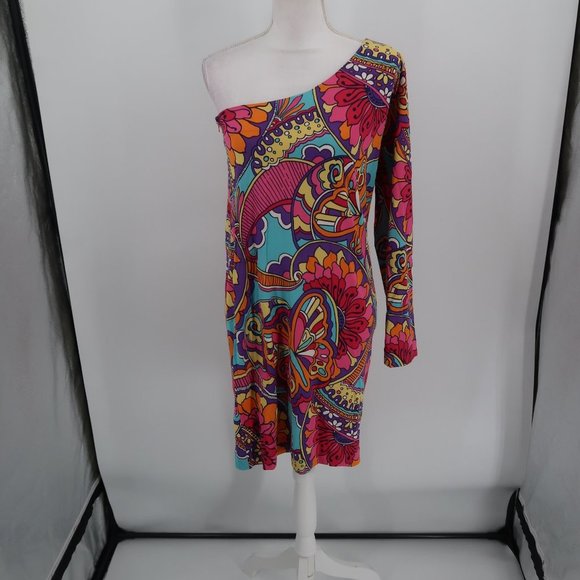 Lilly Pulitzer One Shoulder Floral Bodycon Dress Size Large 70's Vibes - Picture 3 of 13